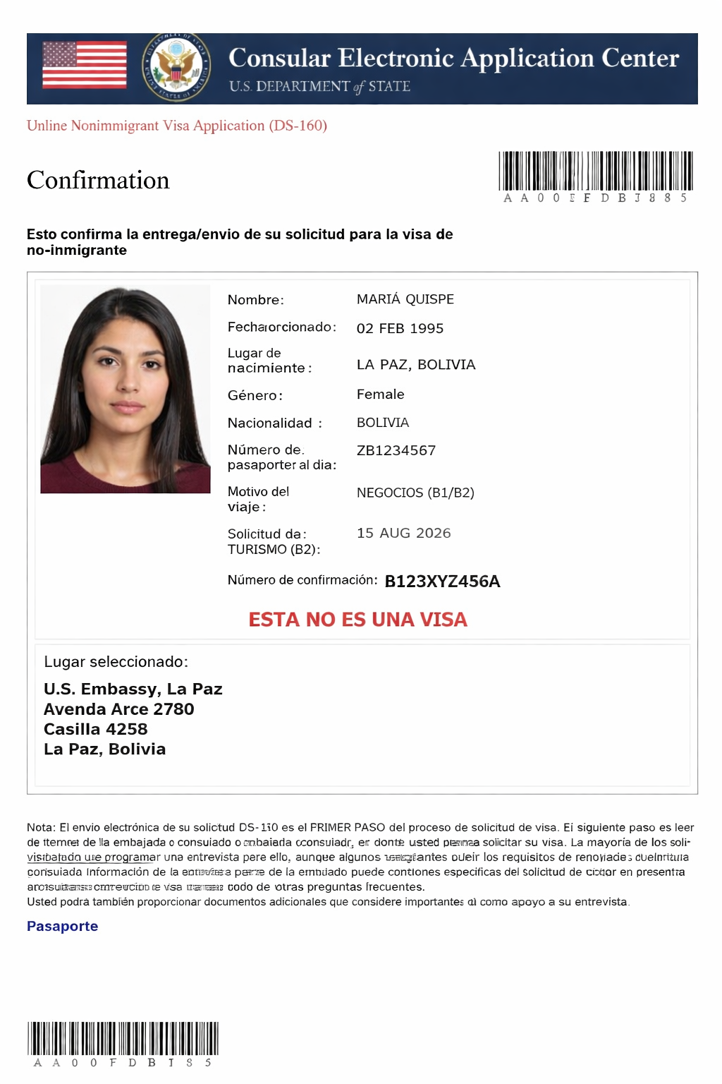 Formulario DS-160 ejemplo